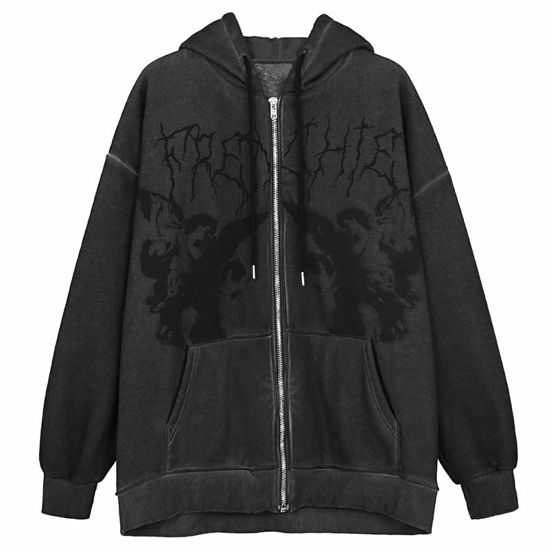 JazzHer 2024 Fall Fashion Vintage Angel Print Oversized Hoodies Female Zip Up Long Sleeve Women's Sweatshirt Y2K Aesthetic Autumn Gothic Grunge Streetwear