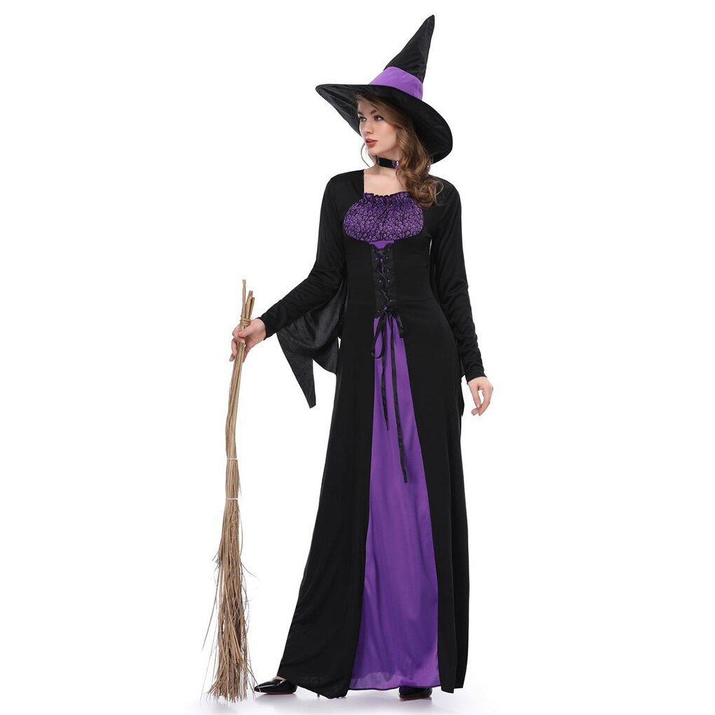 JazzHer Halloween Awakecrm Halloween Witch Cosplay Costume Dressed In Black Purple Witch Women Cosplay Fantasy Halloween Party Dress Sets