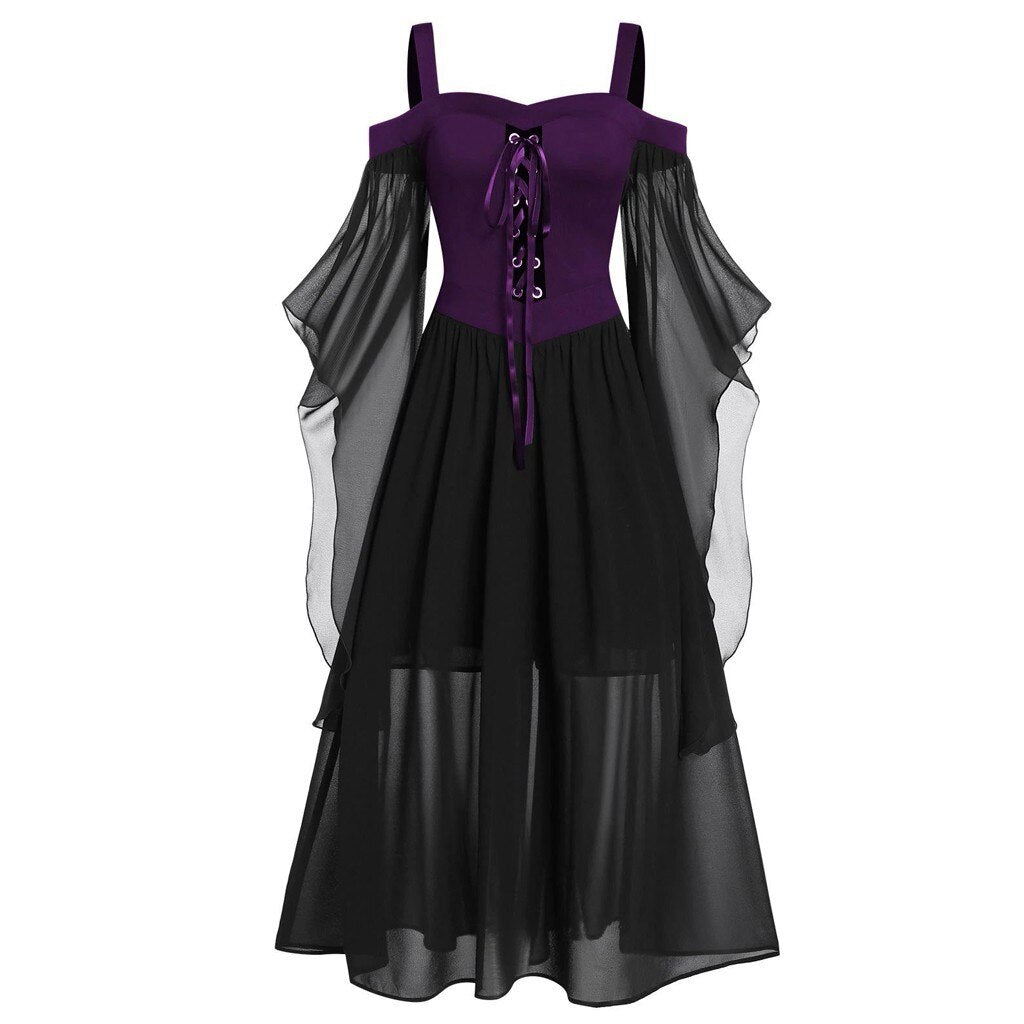 JazzHer Halloween Awakecrm Gothic Medieval Dress Mesh Eyelet Sling Drop Shoulder Witch Dress Butterfly Sleeve Lace Up Halloween Witch Sling Dress