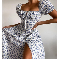 JazzHer Graduation Gift Back to School Season Boho Floral Print Puff Short Sleeve Fashion Women Dress Square Neck Split Party Long Dresses Lace Up Summer Holiday Beach Dress