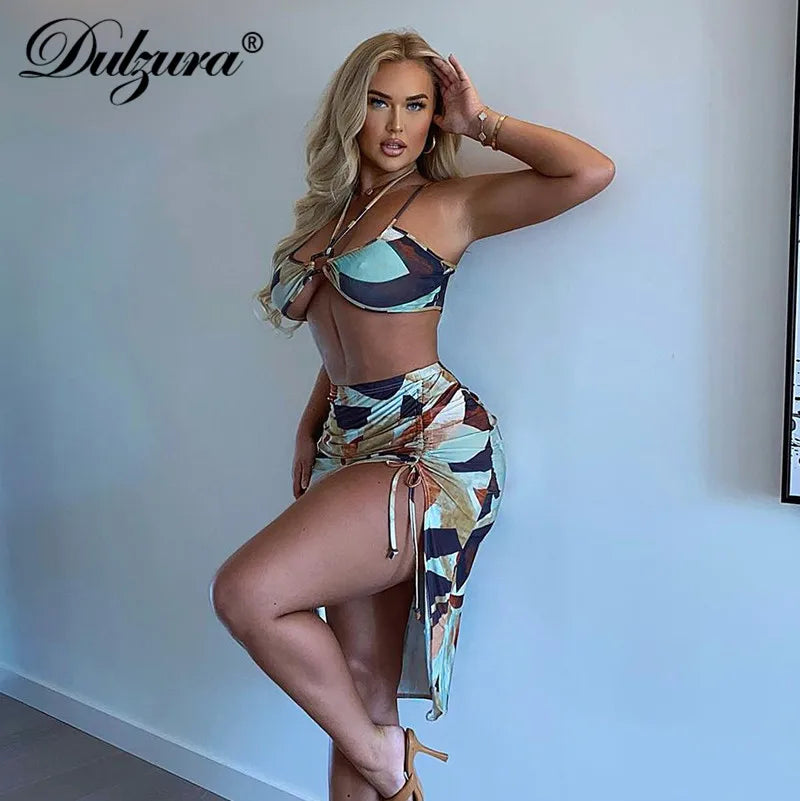 JazzHer Tie Dye Print Women 2 Piece Halter Crop Top Drawstring Ruched Mini Skirt Set Lace Up Bodycon Sexy Streetwear 2024 Summer