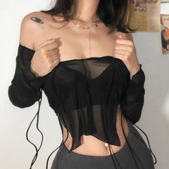 JazzHer Sexy Mesh See Through Full Sleeve Split Tshirt Transparent Crop Top Lace Up V Neck Gothic Grunge Emo Alt Streetwear Women