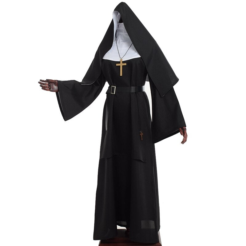 JazzHer Halloween Awakecrm Halloween Costumes For Women Scary Nun Cosplay Dress Black Virgin Mary Carnival Demonic Vestido Medieval