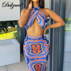 JazzHer Tie Dye Print Women 2 Pieces Halter Crop Top Tanks Midi Skirt Set Bodycon Sexy Streetwear Party Elegant Club 2024 Summer