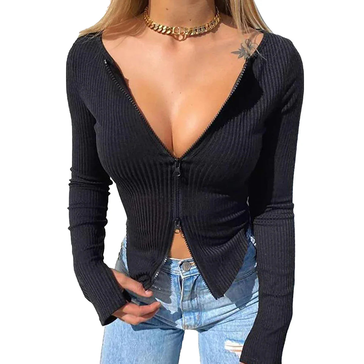 JazzHer Chic Women Double Zipper Up Rib Knitted T-shirt Spring Autumn Long Sleeve Slim Fit Basic Tees 90s Vintage Elegant Crop Tops