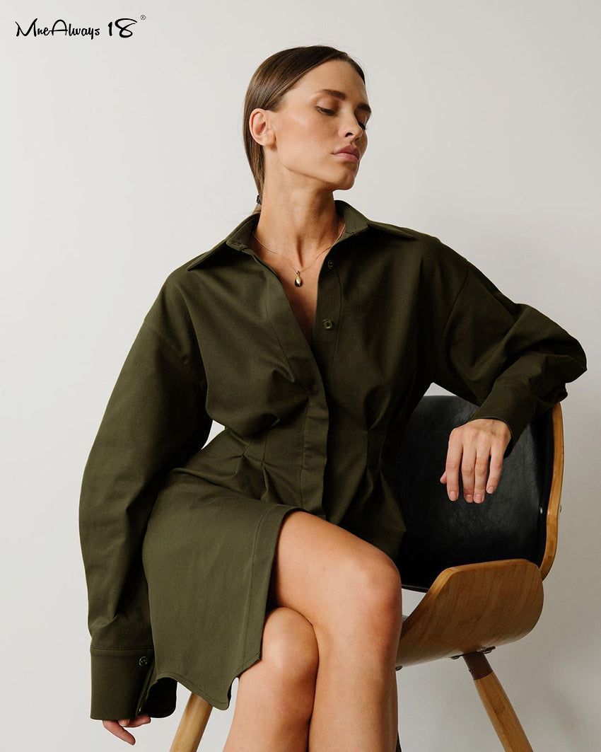 JazzHer Spring Summer Bodycon Dress Women Khaki Long Sleeve Pleated Shirt Dress Office Ladies Solid Lapel Casual Mini Dresss