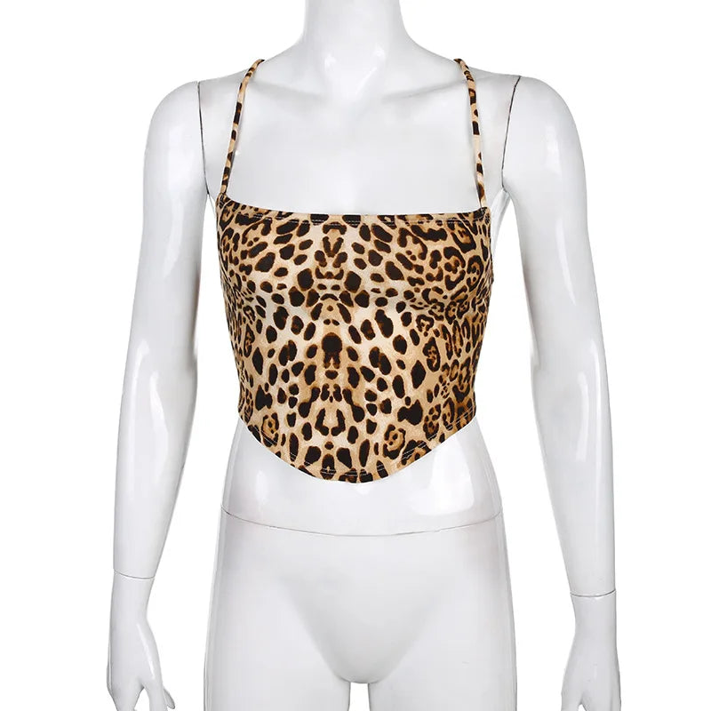 JazzHer-Sexy Tanks Crop Top Women Leopard Backless Bandage Lace-up Summer Sling Open Back Camisoles Vest  fashion streetwear