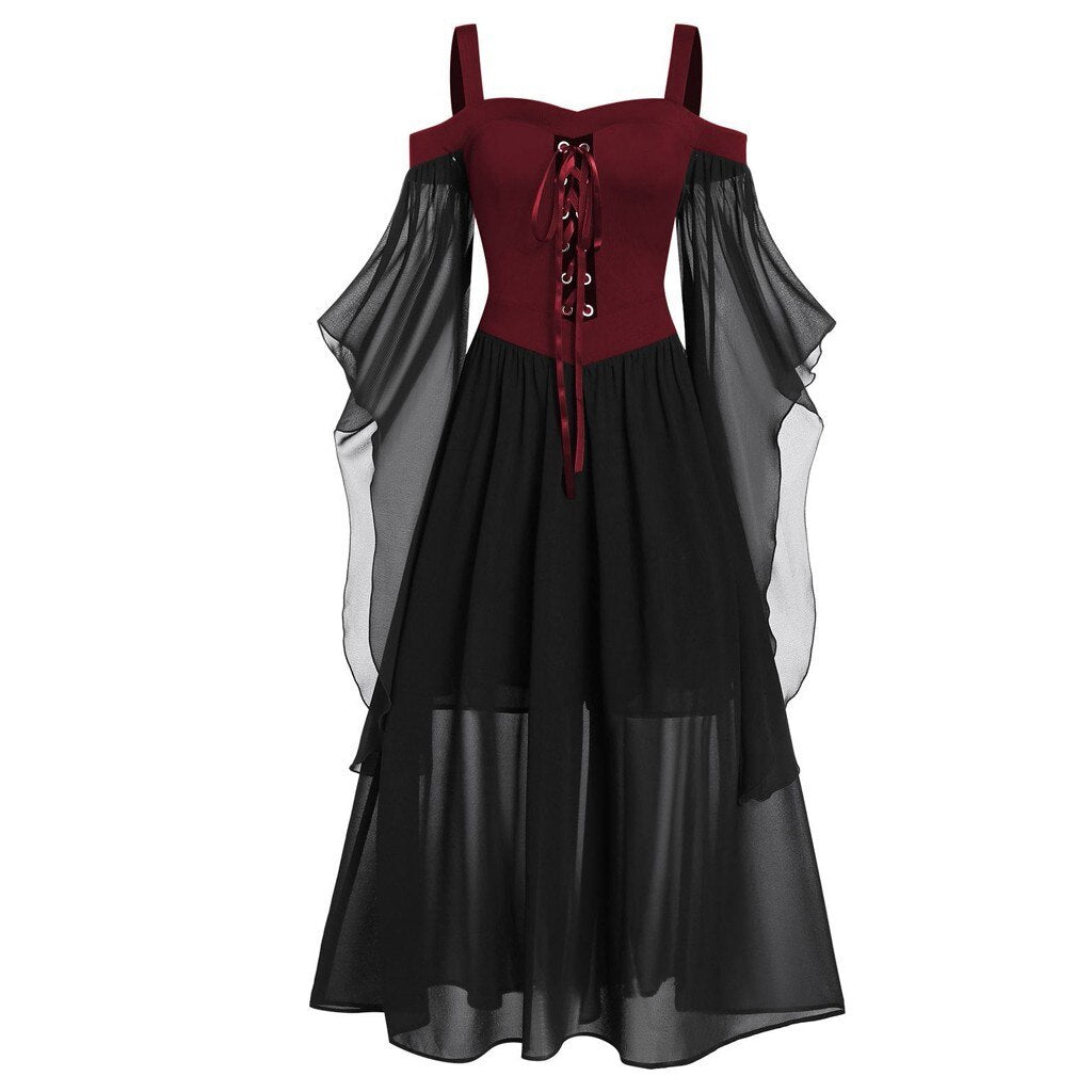 JazzHer Halloween Awakecrm Gothic Medieval Dress Mesh Eyelet Sling Drop Shoulder Witch Dress Butterfly Sleeve Lace Up Halloween Witch Sling Dress