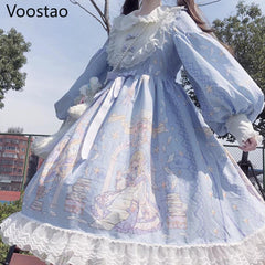 JazzHer  Japanese Spring Summer sweet Lolita Dress Women Kawaii Victorian Tea Party Long Sleeves Lace Gothic Girls Lolita Dresses Cosplay