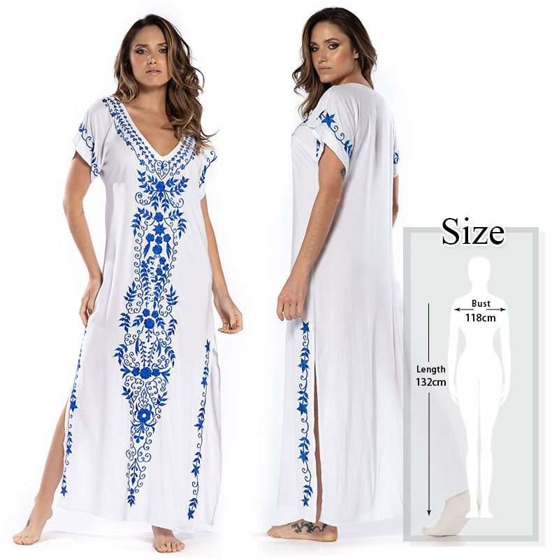 JazzHer 2024 Indie Folk Embroidered V-Neck Short Sleeve Summer Beach Straight Dress Sexy Tunic Women Beachwear Swimsuit Cover-Ups Q790