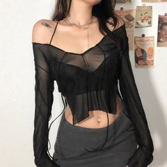 JazzHer Sexy Mesh See Through Full Sleeve Split Tshirt Transparent Crop Top Lace Up V Neck Gothic Grunge Emo Alt Streetwear Women