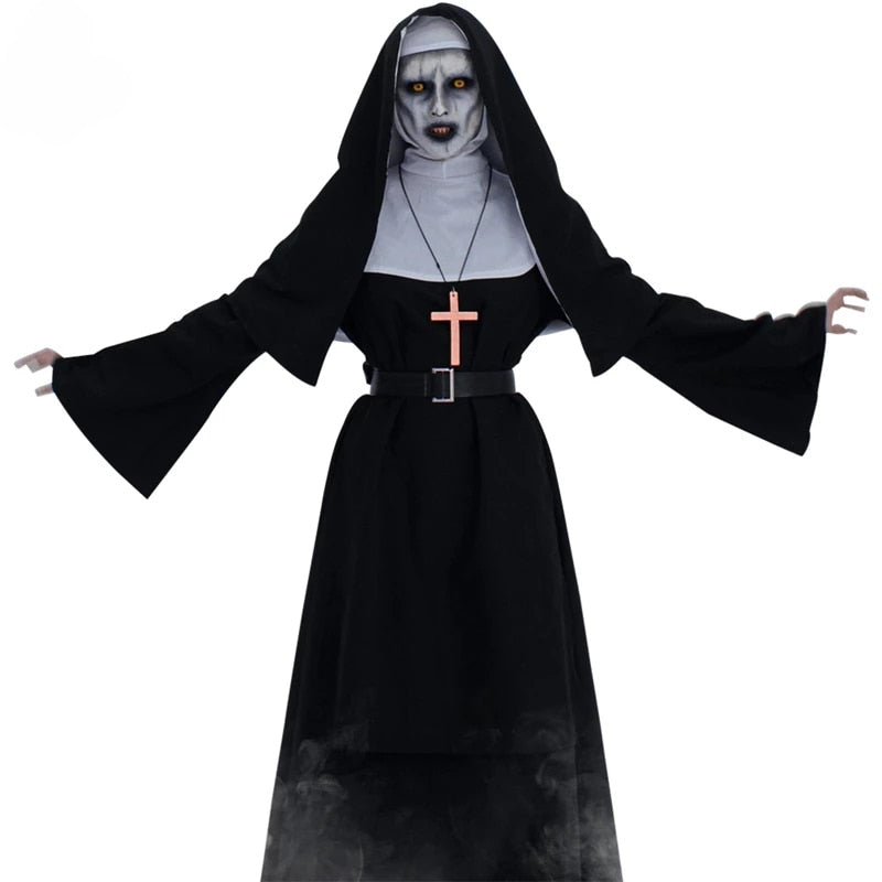 JazzHer Halloween Awakecrm Halloween Costumes For Women Scary Nun Cosplay Dress Black Virgin Mary Carnival Demonic Vestido Medieval