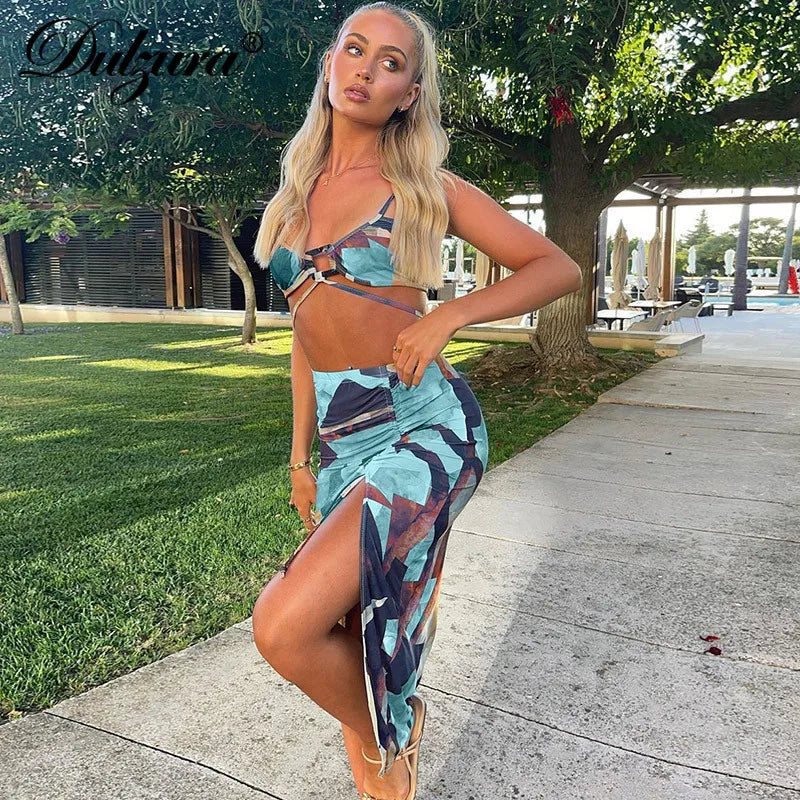 JazzHer Tie Dye Print Women 2 Piece Halter Crop Top Drawstring Ruched Mini Skirt Set Lace Up Bodycon Sexy Streetwear 2024 Summer