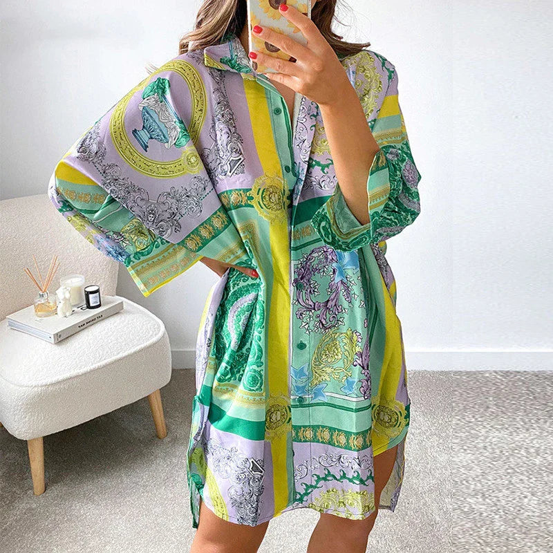 JazzHer Vintage Graphic Print Shirt Dress Sexy Women V Neck Long Sleeve Blue Green Loose Beach Syle Party Casual Mini Dresses Autumn