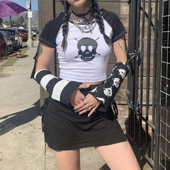 JazzHer Punk Style T-shirt y2k Gothic Contrast Baby Tee with Detachable Reversible Arm Warmers Harajuku Grunge Crop Top Women