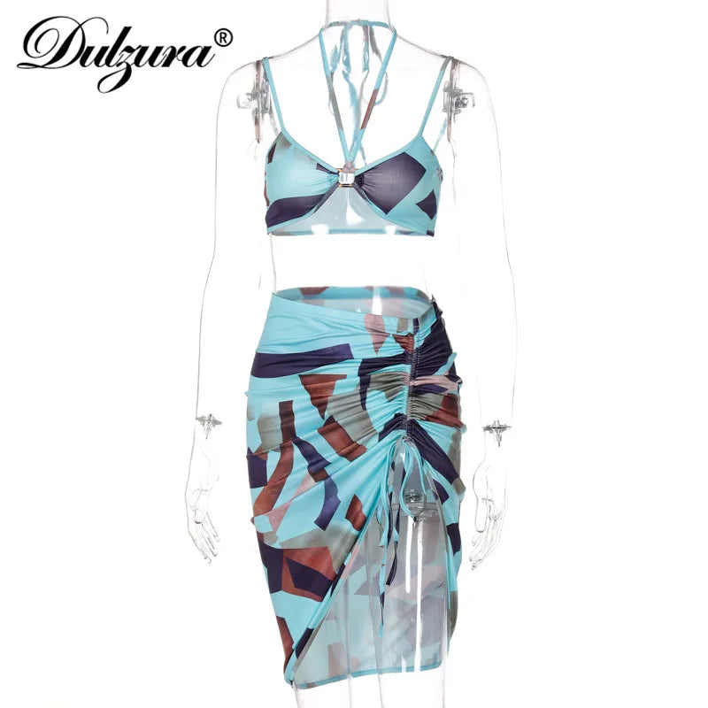 JazzHer Tie Dye Print Women 2 Piece Halter Crop Top Drawstring Ruched Mini Skirt Set Lace Up Bodycon Sexy Streetwear 2024 Summer