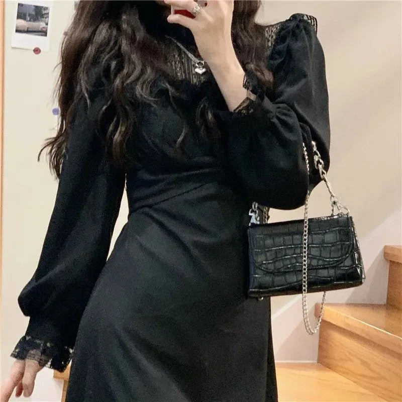 JazzHer French Lace Vintage Dress Women Fashion Puffer Sleeve Elegant One Piece Dress Korean 2024 Spring High Street Slim Midi Dress Y2k