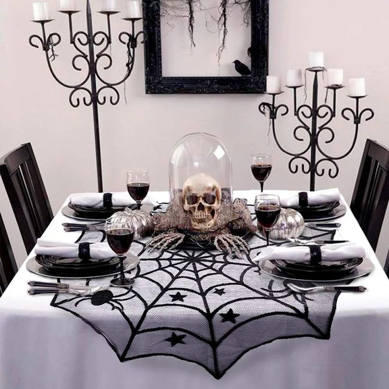 JazzHer Halloween Decoration Lace Spider Web Skeleton Skull Tablecloth Black Fireplace Mantel Scarf Event Party Decoration Supplies