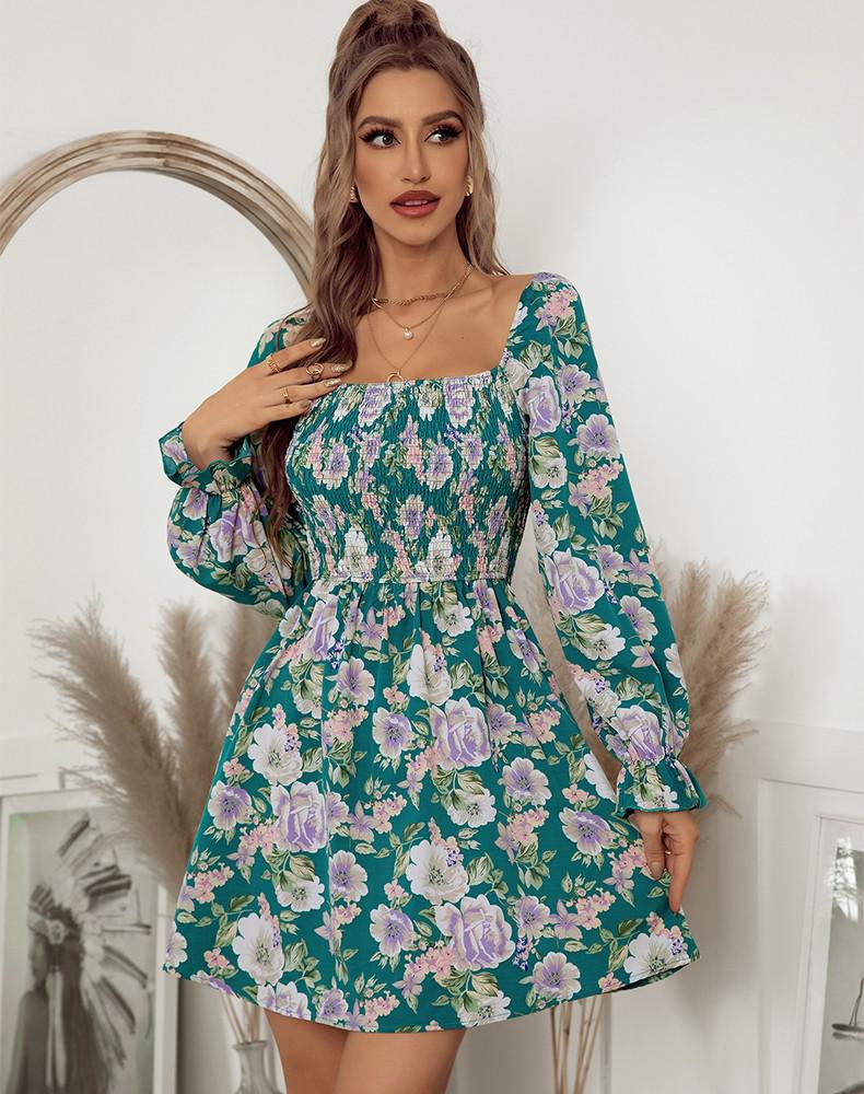 JazzHer Women Dress Elegant Square Collar Floral A-line Long Sleeve Dress Summer 2022 Printing Short Dress Petal Sleeve Boho Dress