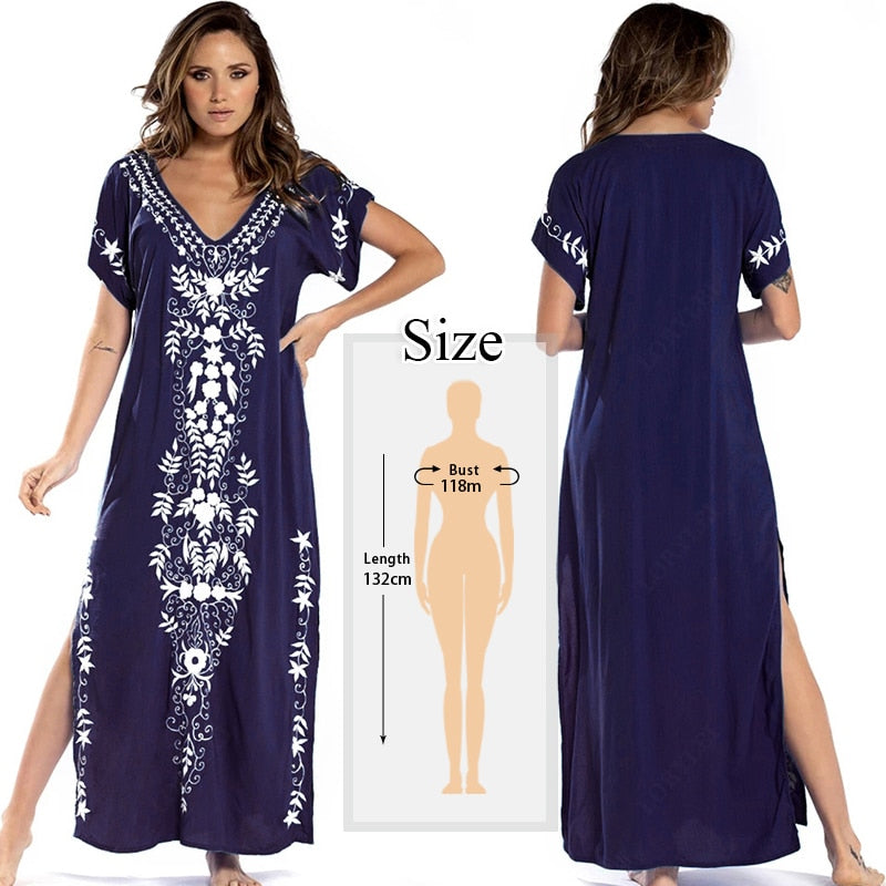 JazzHer 2024 Indie Folk Embroidered V-Neck Short Sleeve Summer Beach Straight Dress Sexy Tunic Women Beachwear Swimsuit Cover-Ups Q790