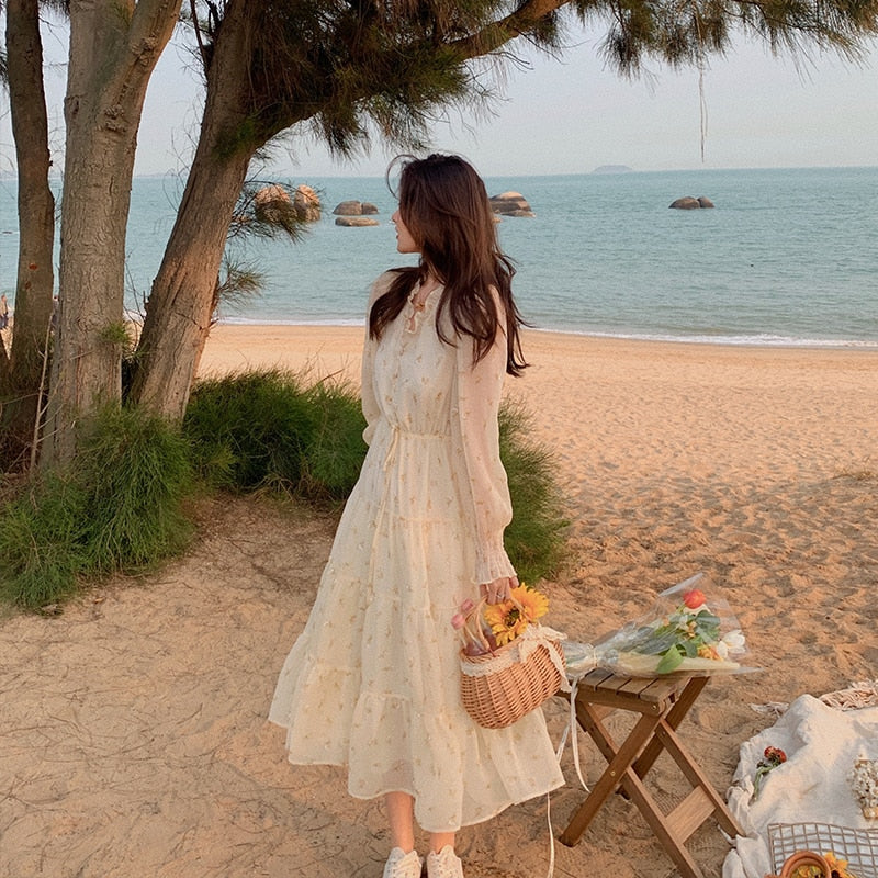 JazzHer V-neck Elegant Sweet Dress Women Long Sleeve Chiffon Floral Dress Party Beach Dress for Females Korean Style  Summer Chic D14