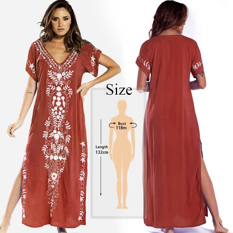 JazzHer 2024 Indie Folk Embroidered V-Neck Short Sleeve Summer Beach Straight Dress Sexy Tunic Women Beachwear Swimsuit Cover-Ups Q790