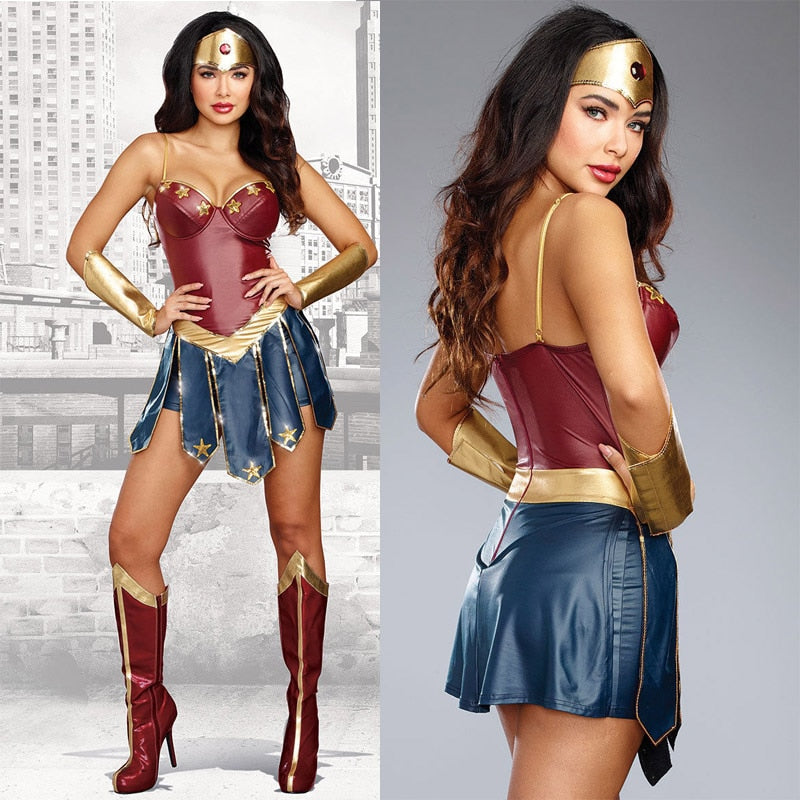 JazzHer Halloween Awakecrm Adult Leatherette Wonder Woman Costume Women Halloween Party Movie Justice Fantasia Fancy Dress League Superhero Superwomen