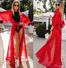 JazzHer 2024 Summer Women Swimsuit Bikini Cover Up Sexy Beach Cover Ups Chiffon Long Dress Elegant Solid Beach Bathing Suit tunic kaftan