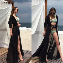 JazzHer 2024 Summer Women Swimsuit Bikini Cover Up Sexy Beach Cover Ups Chiffon Long Dress Elegant Solid Beach Bathing Suit tunic kaftan