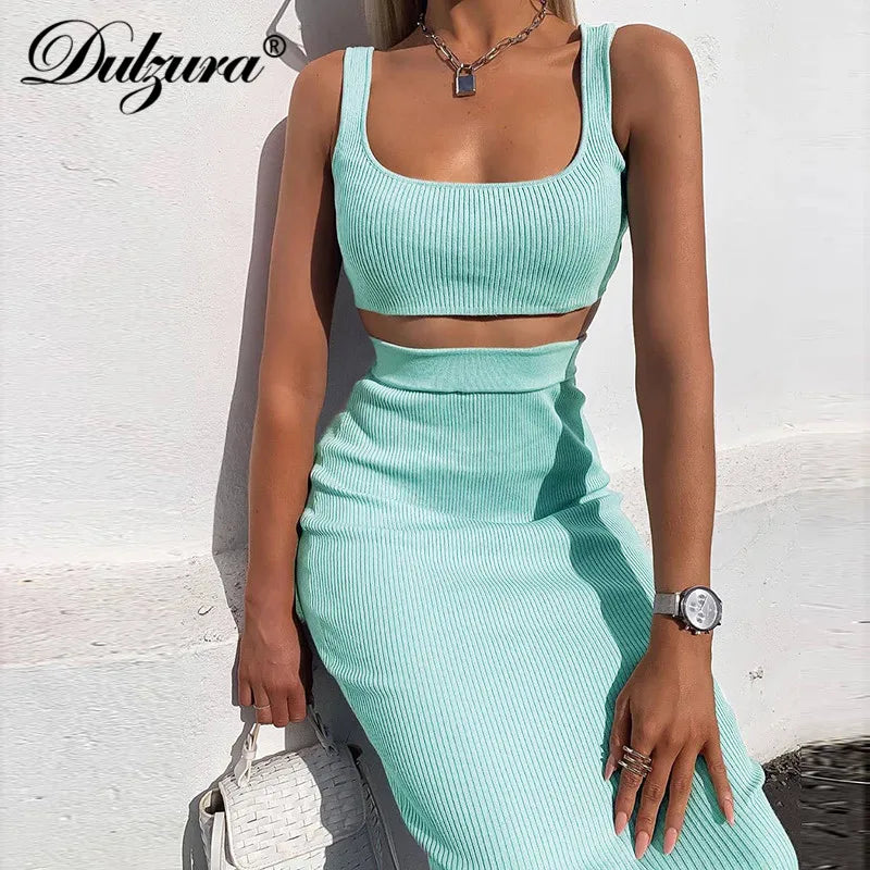 women ribbed knit two piece set long skirt crop tank top sexy elegant festival matching co ord clothes party 2020 summer outfits