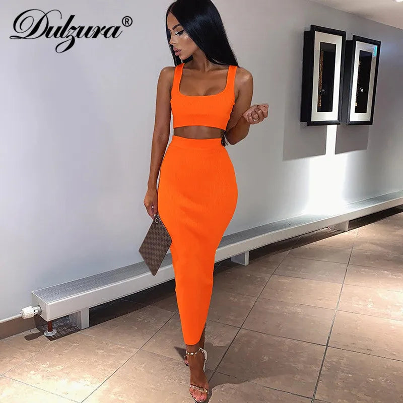 women ribbed knit two piece set long skirt crop tank top sexy elegant festival matching co ord clothes party 2020 summer outfits