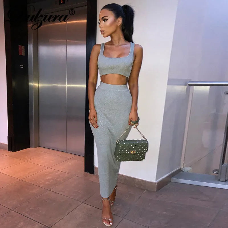 women ribbed knit two piece set long skirt crop tank top sexy elegant festival matching co ord clothes party 2020 summer outfits