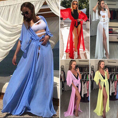 JazzHer 2024 Summer Women Swimsuit Bikini Cover Up Sexy Beach Cover Ups Chiffon Long Dress Elegant Solid Beach Bathing Suit tunic kaftan