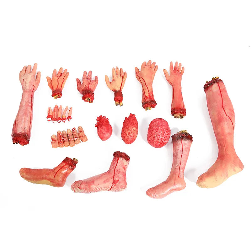 JazzHer Halloween Horror Props Bloody Fake Arm Hand Creepy Finger Foot Scary Leg Brain Halloween Party Decoration Supplies