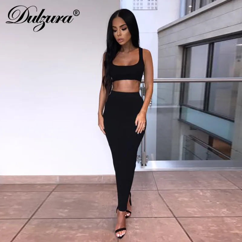 women ribbed knit two piece set long skirt crop tank top sexy elegant festival matching co ord clothes party 2020 summer outfits