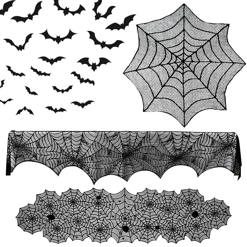 JazzHer Halloween Decoration Lace Spider Web Skeleton Skull Tablecloth Black Fireplace Mantel Scarf Event Party Decoration Supplies