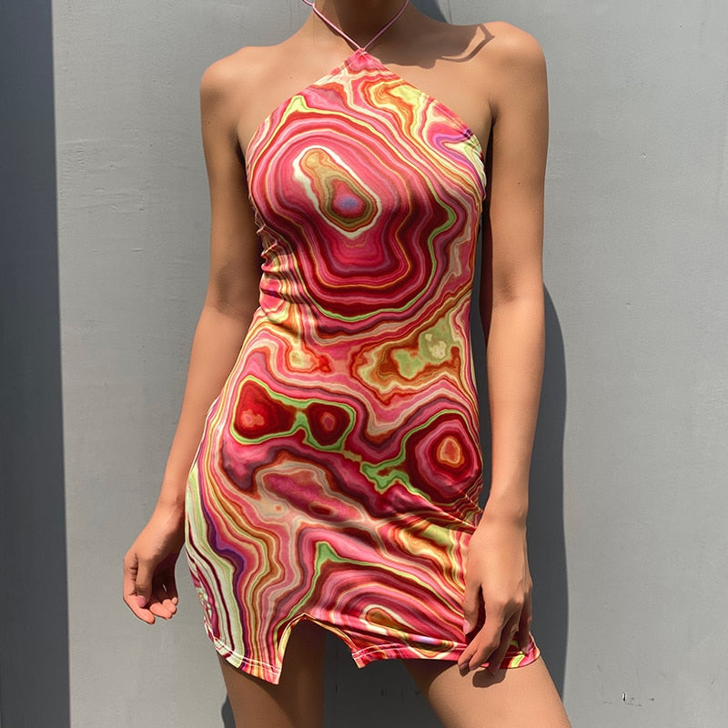 JazzHer Wave Print Sexy Backless Halter Dress Women Party Summer Sleeveless Short Dress Elegant 90S Fashion Streetwear