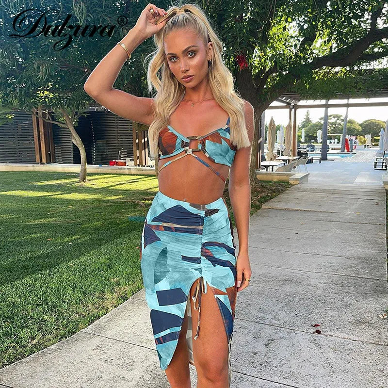 JazzHer Tie Dye Print Women 2 Piece Halter Crop Top Drawstring Ruched Mini Skirt Set Lace Up Bodycon Sexy Streetwear 2024 Summer