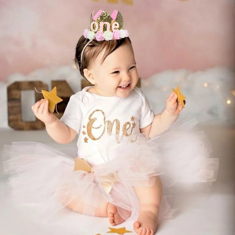 JazzHer Baby Birthday Party Hat Crown 1 2 3 Year Baby Girl Princess Crown Headband Baby Shower First 1st Happy Birthday Party Decor kids