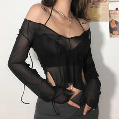 JazzHer Sexy Mesh See Through Full Sleeve Split Tshirt Transparent Crop Top Lace Up V Neck Gothic Grunge Emo Alt Streetwear Women