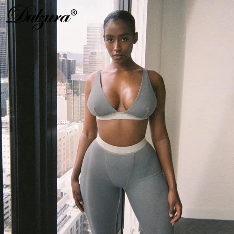 JazzHer Ribbed Women 2 Pieces V Neck Bra Leggings Set Crop Top Matching Co Ords 2020 Autumn Winter Clothes Sporty Tracksuit Club