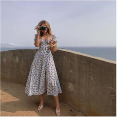 JazzHer Graduation Gift Back to School Season Boho Floral Print Puff Short Sleeve Fashion Women Dress Square Neck Split Party Long Dresses Lace Up Summer Holiday Beach Dress