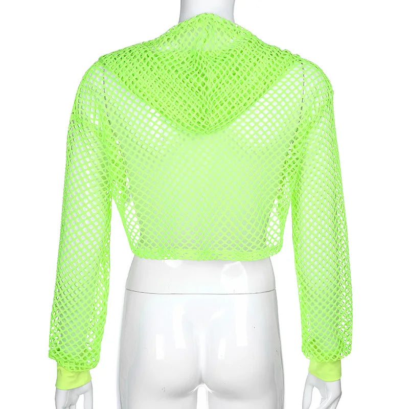 JazzHer Neon Color Long Sleeve Short Mesh Hoodies Sexy Fishnet Cover Up Crop Tops Women Fashion Hollow Out Smocks for Lady Sporty Beach