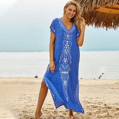 JazzHer 2024 Indie Folk Embroidered V-Neck Short Sleeve Summer Beach Straight Dress Sexy Tunic Women Beachwear Swimsuit Cover-Ups Q790