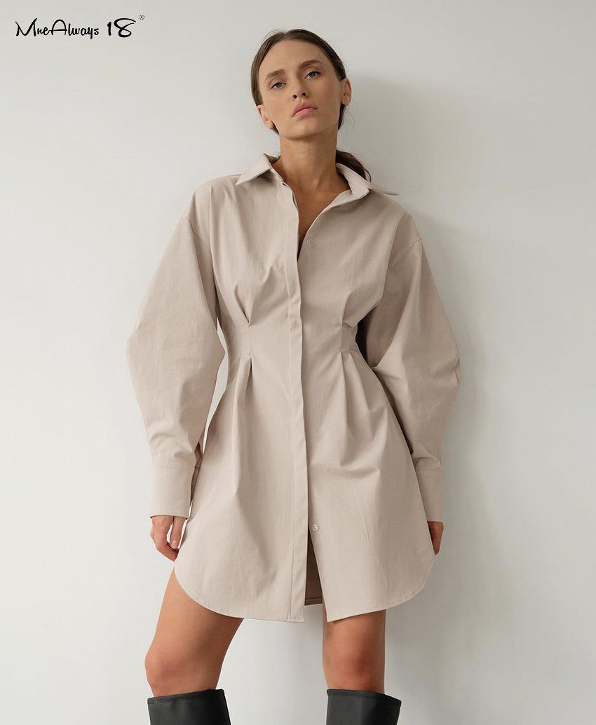 JazzHer Spring Summer Bodycon Dress Women Khaki Long Sleeve Pleated Shirt Dress Office Ladies Solid Lapel Casual Mini Dresss