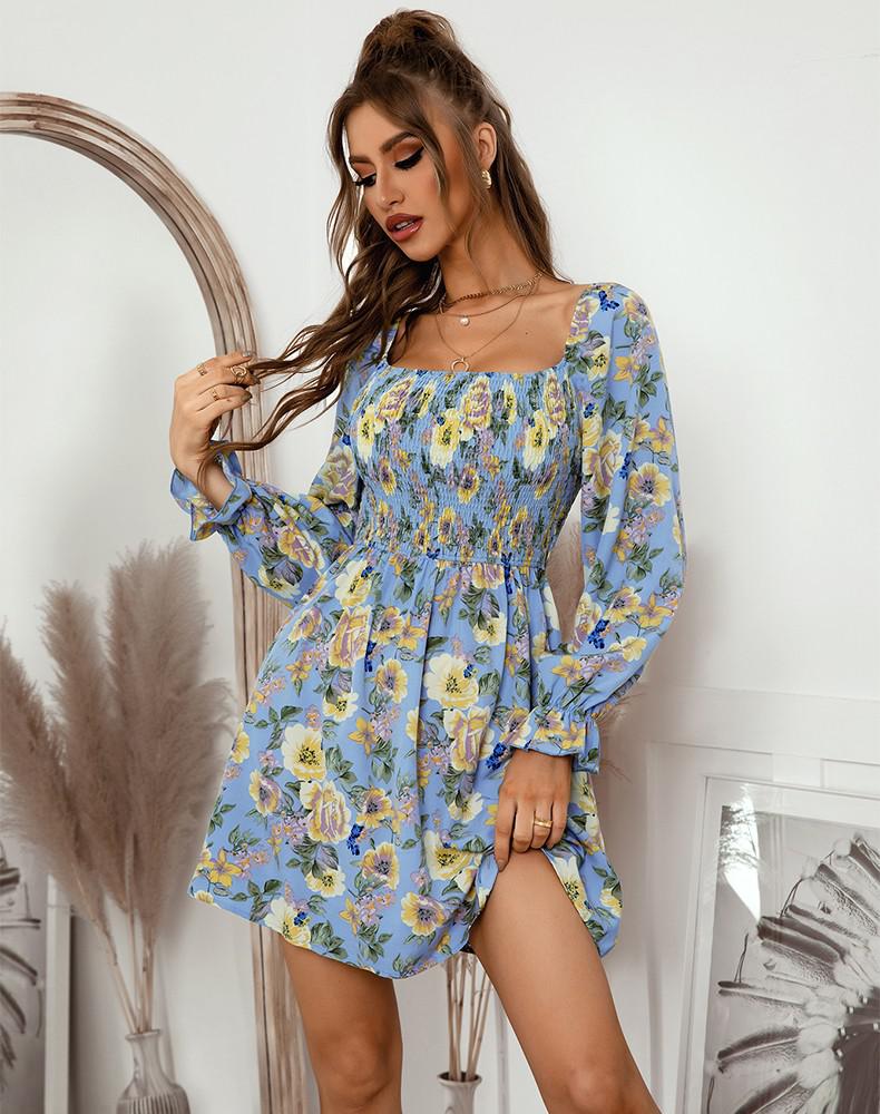 JazzHer Women Dress Elegant Square Collar Floral A-line Long Sleeve Dress Summer 2022 Printing Short Dress Petal Sleeve Boho Dress