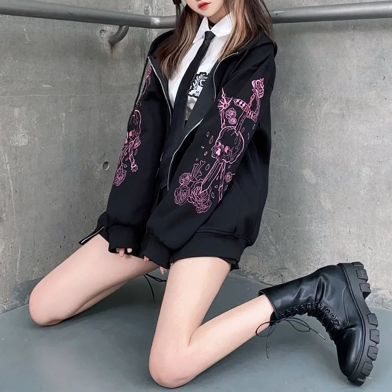 JazzHer 2024 Fall Fashion Black Sweatshirt Zip-up Long Sleeve Oversize Hoodies Autumn Winter Coat Women Gothic Print Jackets Female Grunge Clothes