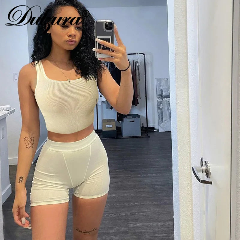 JazzHer Ribbed Knitted Women 2 Pieces Crop Top Tanks Biker Shorts Set Patchwork Tracksuit Streetwear Sporty 2024 Summer Outfit