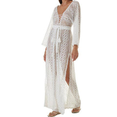 JazzHer Sexy See Through White Lace Summer Dress Beach Tunic Women Beachwear V-neck Long Sleeve Side Split Maxi Dress Sarongs Q965