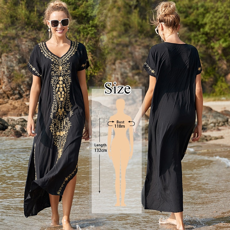 JazzHer 2024 Indie Folk Embroidered V-Neck Short Sleeve Summer Beach Straight Dress Sexy Tunic Women Beachwear Swimsuit Cover-Ups Q790